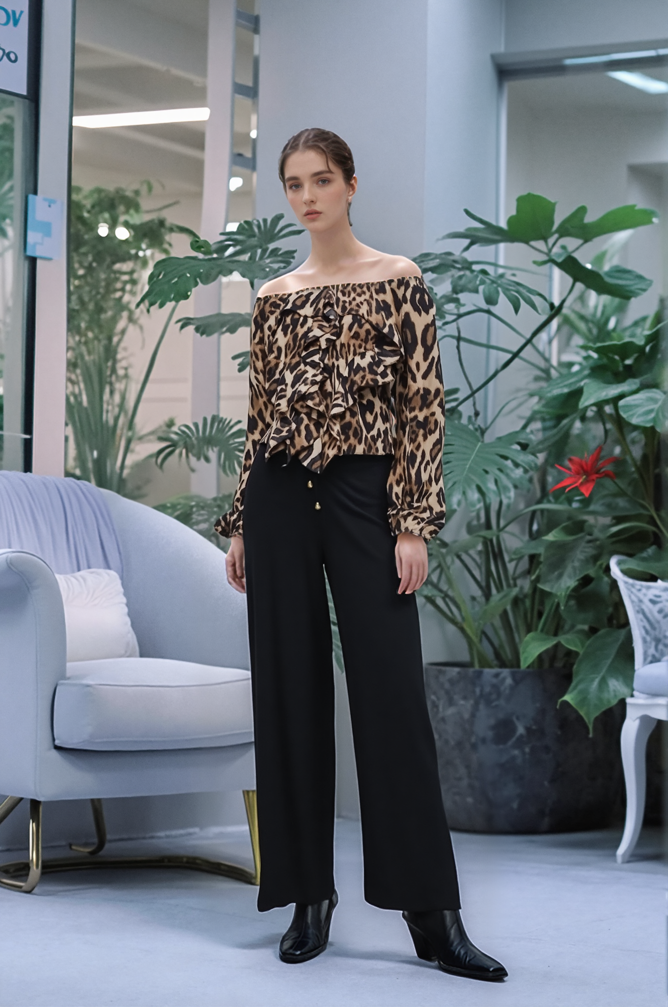 Blusa Manga 3/4 com Babado Viscose Animal Print Onça Rous